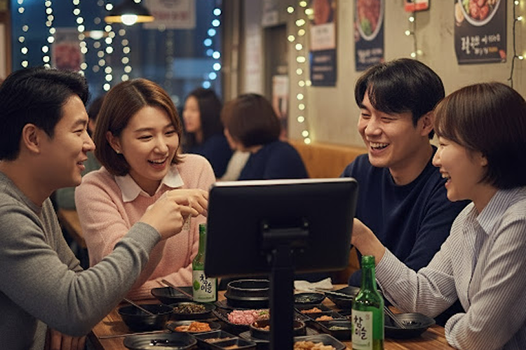 테이블오더 기기 앞, 즐거운 회식자리를 컨셉으로한 생성형 이미지