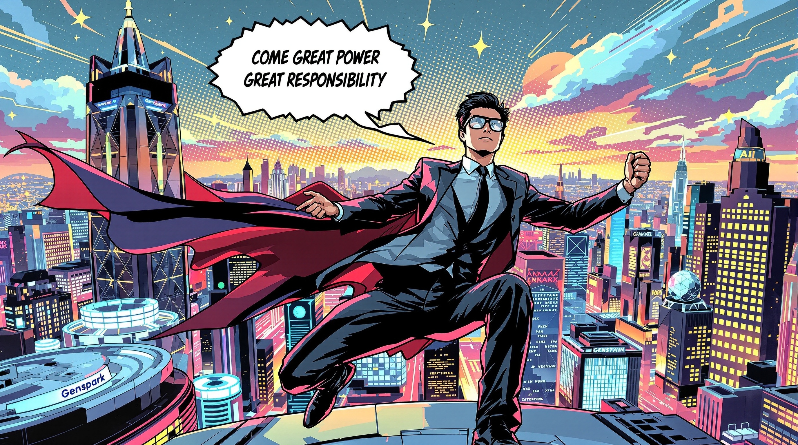 큰 힘에는 큰 책임이 따른다는 내용을 표현한 마블코믹스 스타일의 일러스트