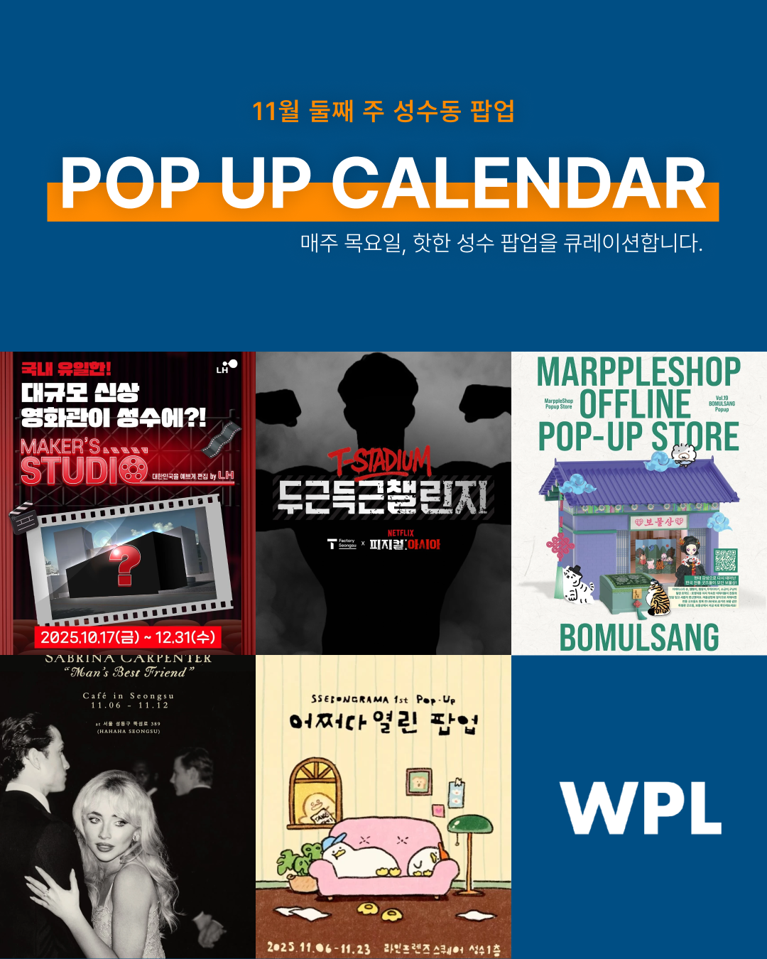 11월 성수동 팝업스토어 썸네일을 모아 만든 캘린더 형식의 포스터