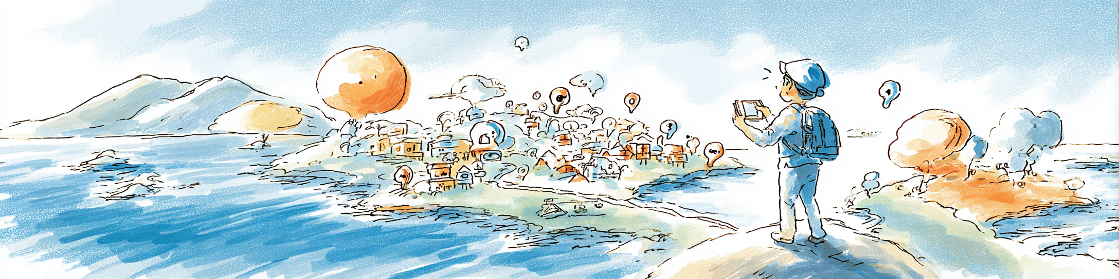 산에서 지도를 보며 길을 찾고 있는 그림