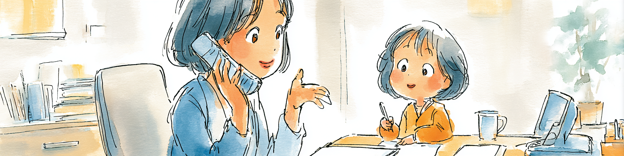 아이와 함께있는 엄마가 통화중인 그림