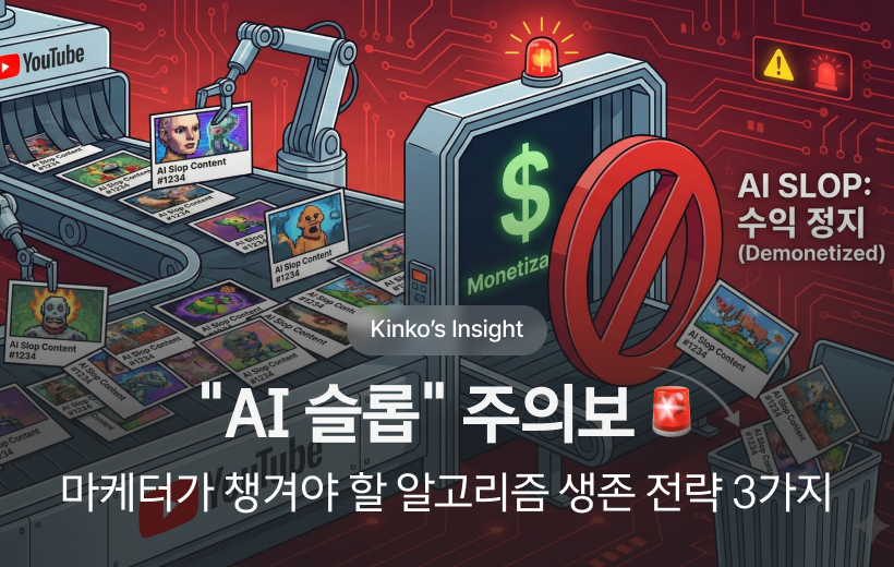유튜브 로고가 찍힌 기계에서 저품질 AI 영상들이 대량 생산되어 쓰레기통으로 버려지는 일러스트. AI 슬롭(Slop) 콘텐츠의 수익 창출 정지 이슈를 다룬 킨코스 인사이트 썸네일