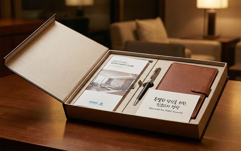 고급스러운 박스에 담긴 브로슈어, 펜, 다이어리, 메시지 카드로 구성된 킨코스 웰컴 키트 연출컷. 진정성 있는 실물 경험을 제공하는 킨코스 굿즈 솔루션