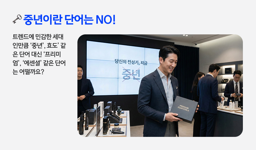 매장에서 '중년'이라는 글자에 X 표시가 된 스크린을 배경으로 'Premium Essentials' 패키지를 들고 있는 남성. 마케팅 시 중년 대신 프리미엄, 에센셜 같은 세련된 단어를 사용해야 함을 보여주는 예시