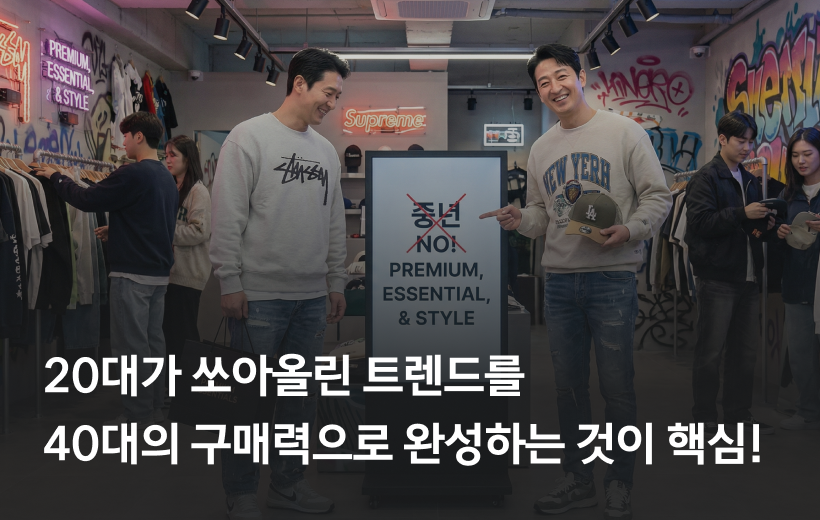 힙한 스트릿 패션 매장에서 트렌디한 맨투맨과 모자를 착용한 40대 남성들. '중년'이라는 단어에 X표가 쳐져 있고 'Premium, Essential'로 대체된 표지판을 가리키며, 20대의 트렌드와 40대의 구매력을 조화시키는 마케팅 전략을 설명하는 이미지