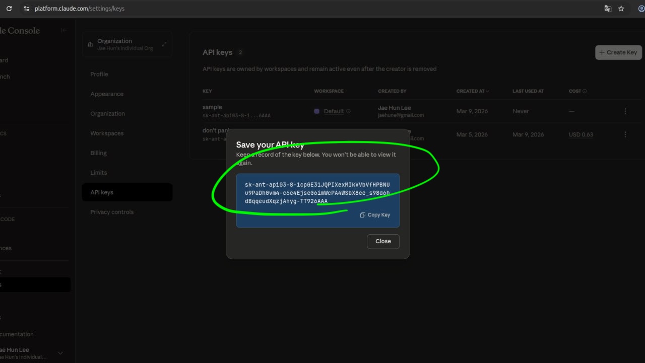 <https://platform.claude.com/dashboard> Claude API 키 발급. 창을 닫으면 다시 볼 수 없다. 복사, 기록해 둬야함.