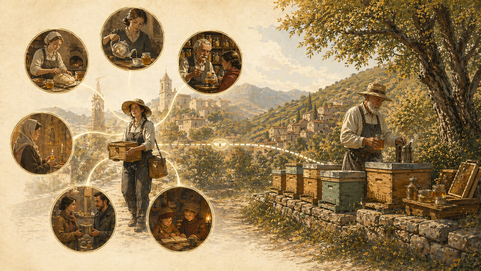 한 자리에 벌통을 모은 노인 양봉가와 마을 곳곳에 벌통을 흩어둔 젊은 양봉가의 대비 — 단일 진입점 대 분산된 진입점 전략의 시각적 비교