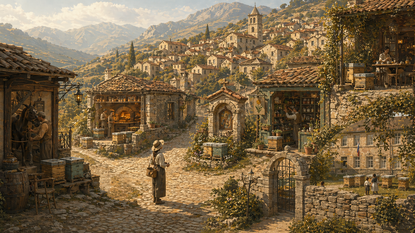 빵집 뒷마당, 찻집 처마 밑, 약재상 공터 — 마을 곳곳에 하나씩 흩어 놓인 젊은 양봉가의 벌통들