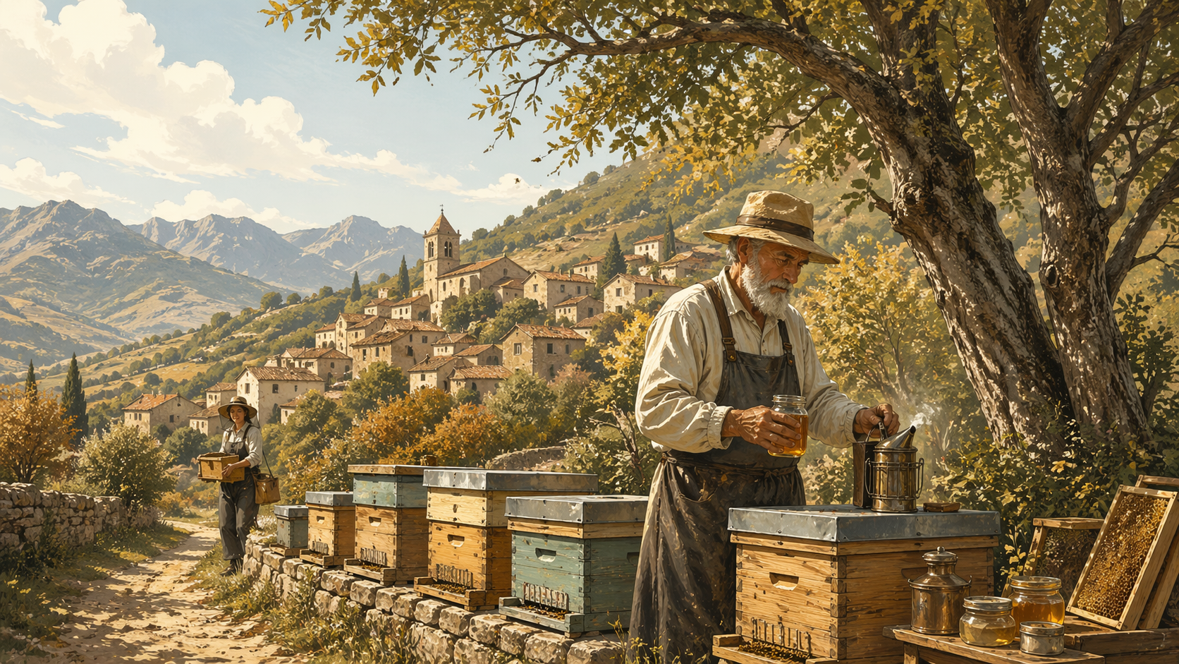 산 아래 마을 어귀, 아카시아 숲 옆에 가지런히 줄지어 놓인 늙은 양봉가의 벌통들