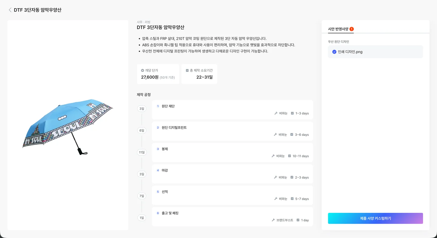DTF 3단자동 암막우양산 표준 제작 공정 (총 22~31일)