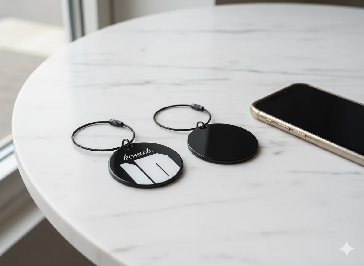 책상에 놓인 NFC 키링의 앞뒷면
