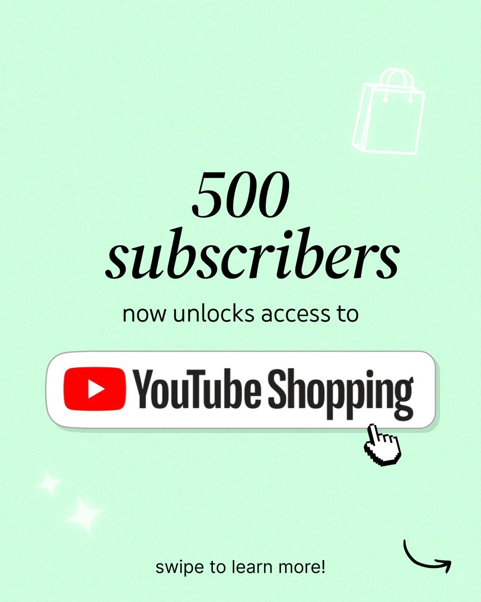 구독자 500명부터 YouTube Shopping 제휴 프로그램에 참여할 수 있음을 알리는 이미지