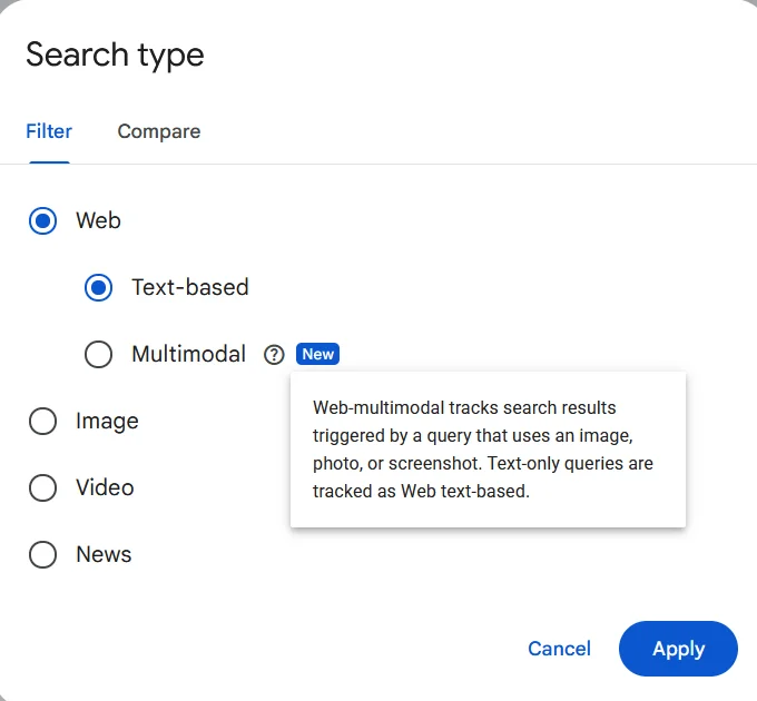 구글 서치 콘솔의 Search type 필터 창. Web 아래에 Text-based와 Multimodal 선택지가 있고 Multimodal 옆에 New 배지와 설명 툴팁이 떠 있다