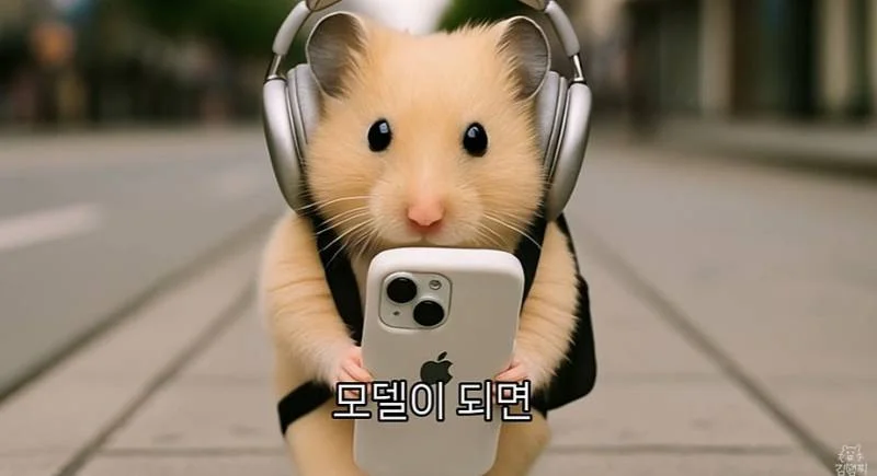 헤드폰을 쓰고 배낭을 멘 햄스터가 길 위에서 스마트폰을 들고 있는 AI 영상 장면. 하단에 “모델이 되면”이라는 자막이 있다