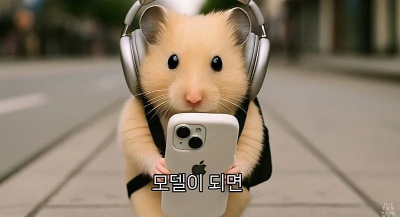 헤드폰을 쓰고 배낭을 멘 햄스터가 길 위에서 스마트폰을 들고 있는 AI 영상 장면. 하단에 “모델이 되면”이라는 자막이 있다